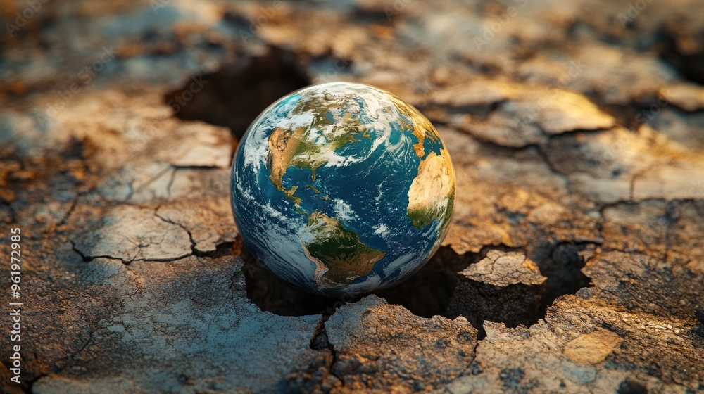 The globe melting into the cracked ground, representing the dramatic effects of climate change and rising global temperatures The globe melting into the cracked ground, representing the dramatic effects of climate change and rising global temperatures
