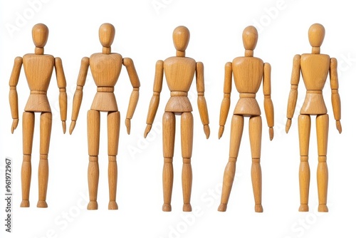Wooden mannequin set for drawing various poses on white background photo