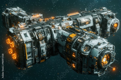 A massive, detailed spaceship floating in space, illuminated with orange lights, ideal for sci-fi themes, gaming, and futuristic technology content, photo
