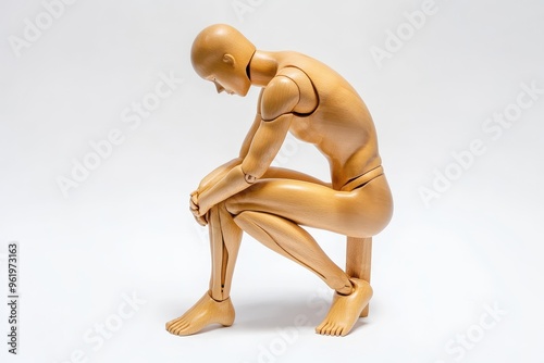 Wooden mannequin with knee pain on white background photo