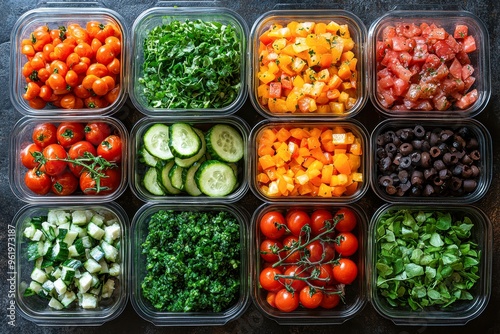 An arrangement of fresh vegetables in clear plastic containers ideal for meal prep visuals, healthy lifestyle promotions, or culinary blog content,