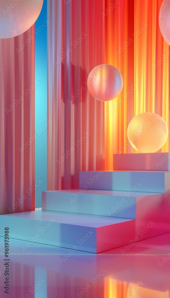 A futuristic abstract 3D podium with a gradient showcasing elegance and creativity in a virtual environment. A futuristic abstract 3D podium with a gradient showcasing elegance and creativity in a virtual environment.