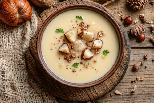 Wooden table with top view of chestnut cream soup