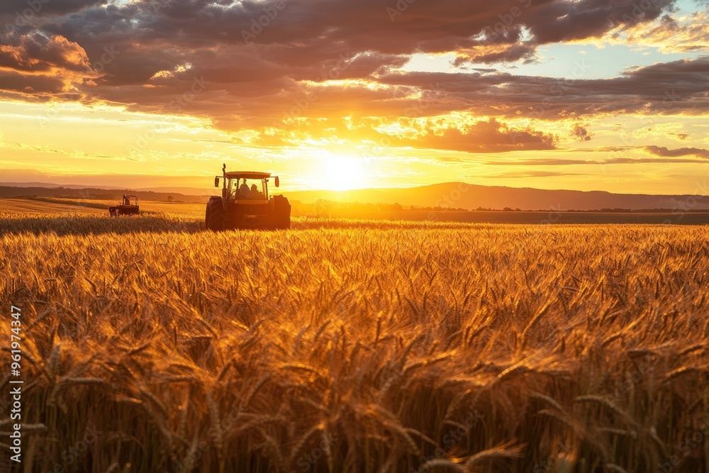 Fototapeta premium Workers and tractor in wheat field at sunset