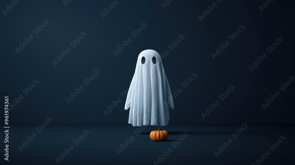A cute ghost figure with a pumpkin, set against a dark background, perfect for Halloween-themed decorations and celebrations. A cute ghost figure with a pumpkin, set against a dark background, perfect for Halloween-themed decorations and celebrations.