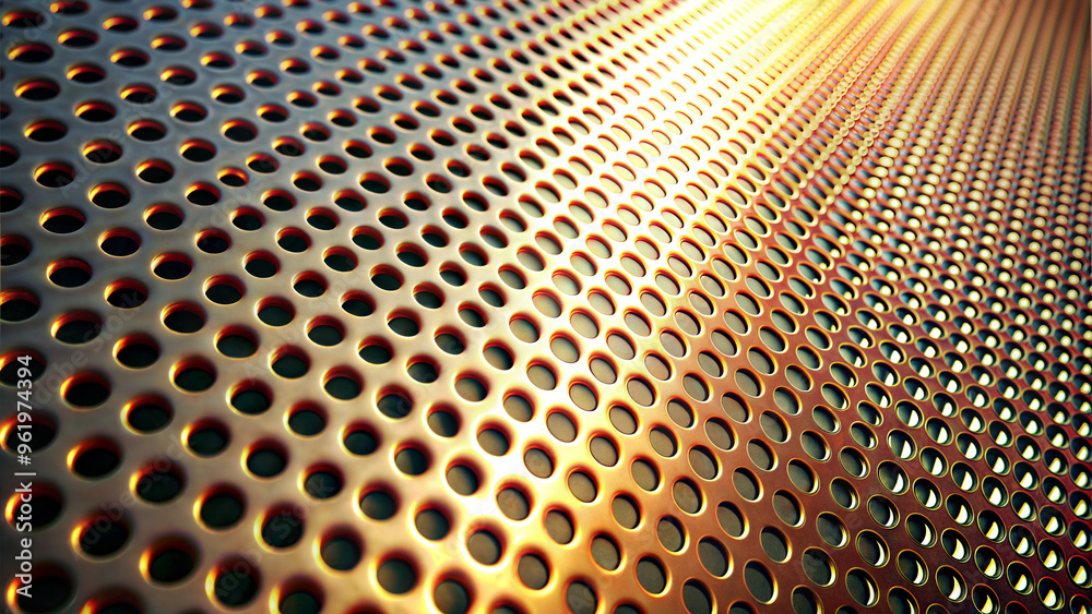 Perforated metal surface with gradient colors for industrial design and creative concepts