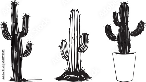 Cactus silhouette tree plane tob and  Arid Beauty Black Logo with Wild Cacti Succulent Silence Black Cactus Emblem photo