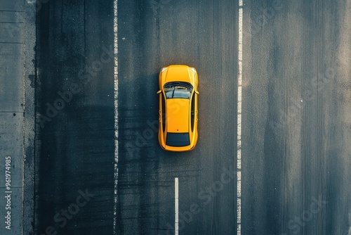 Yellow car speeding on smooth asphalt road top view of texture photo