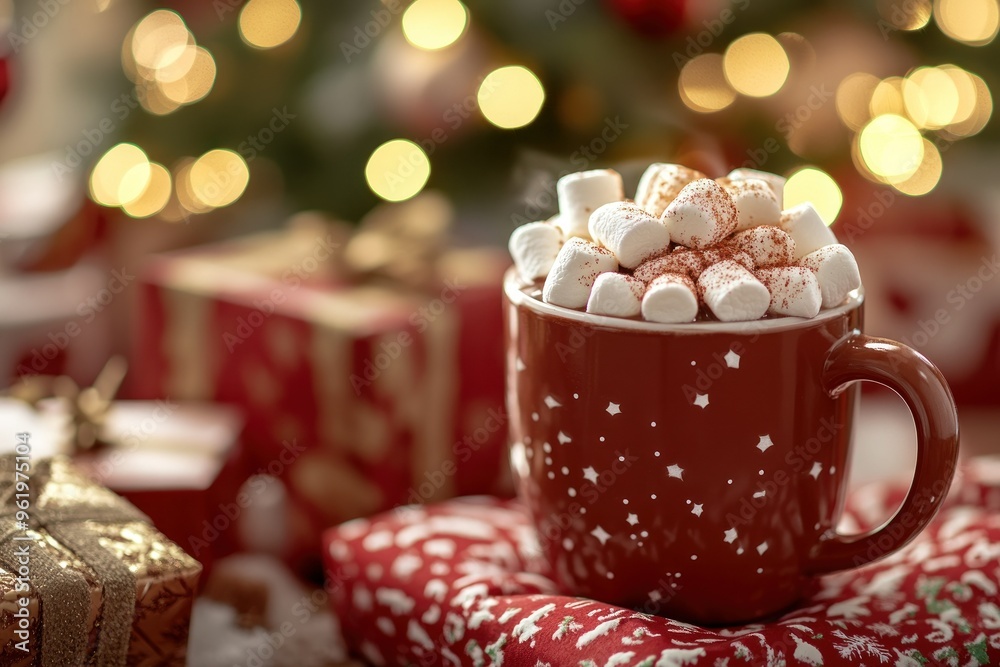 Red Mug of Hot Cocoa with Marshmallows and Cocoa Powder on a Christmas Themed Surface Red Mug of Hot Cocoa with Marshmallows and Cocoa Powder on a Christmas Themed Surface