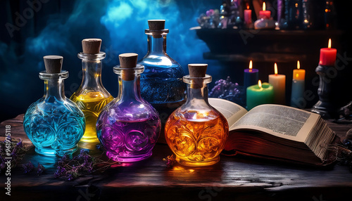  Mystical Halloween scene with colorful potions and a spell book. _1(709)
