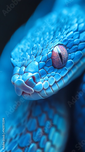 Blue viper snake closeup photo of the head of viper snake with black background