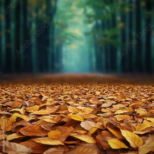 Forest trail, covered in autumn leaves, 3D illustration, copy space for text,