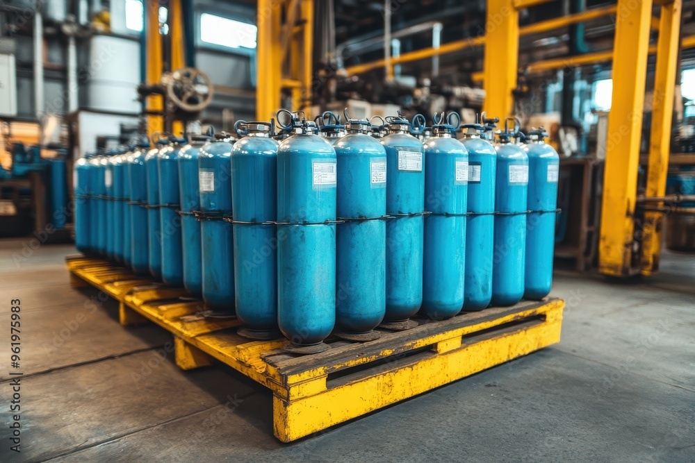 Yellow skid mounted bundle of blue oxygen cylinders for industrial production Yellow skid mounted bundle of blue oxygen cylinders for industrial production