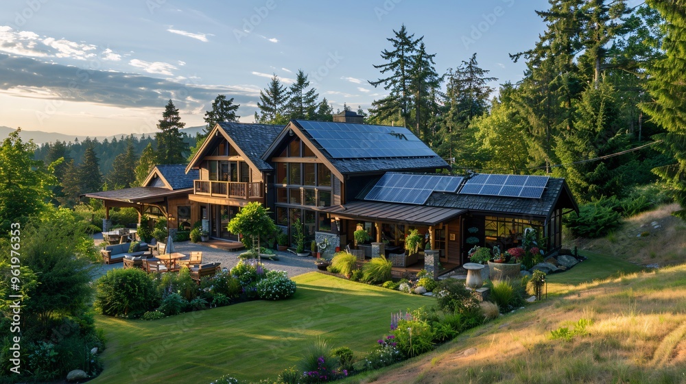 Modern Log Cabin with Solar Panels and Green Landscaping Modern Log Cabin with Solar Panels and Green Landscaping