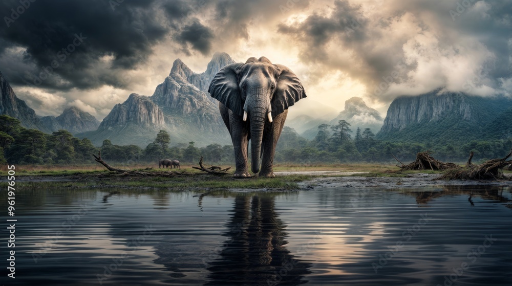Fototapeta premium Majestic Elephant Standing in Front of Stunning Mountain Landscape with Dramatic Sky Reflection on Water 