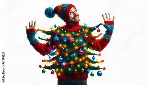 Festive Man in Ugly Christmas Sweater with Tree and Lights