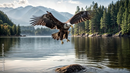 Majestic Bald Eagle Flying Over Tranquil Lake with Forested Mountains in the Background – Dynamic Wildlife Action Scene  photo