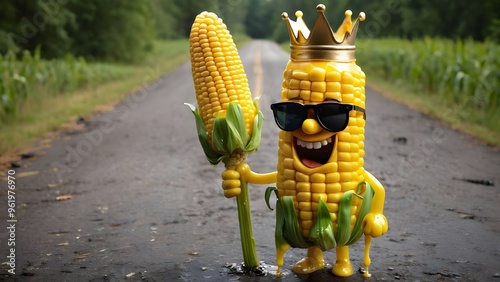 a corn on the cob character wearing a crown made of melted butter with sunglasses.