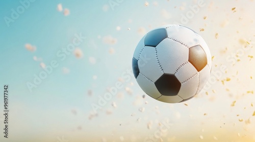 A dynamic soccer ball in motion against a bright background, capturing the essence of sports and energy. photo