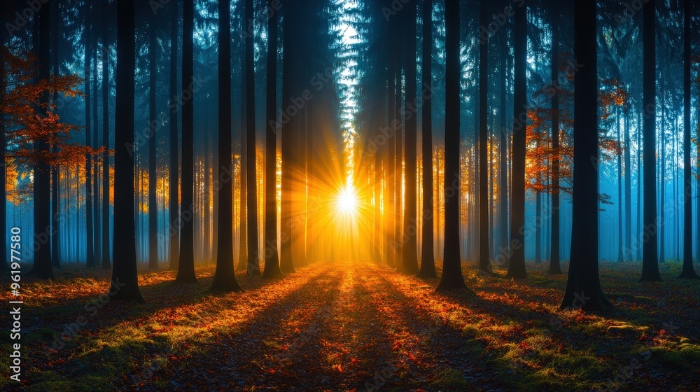 Obraz premium Sunbeams through the Trees in a Foggy Forest.