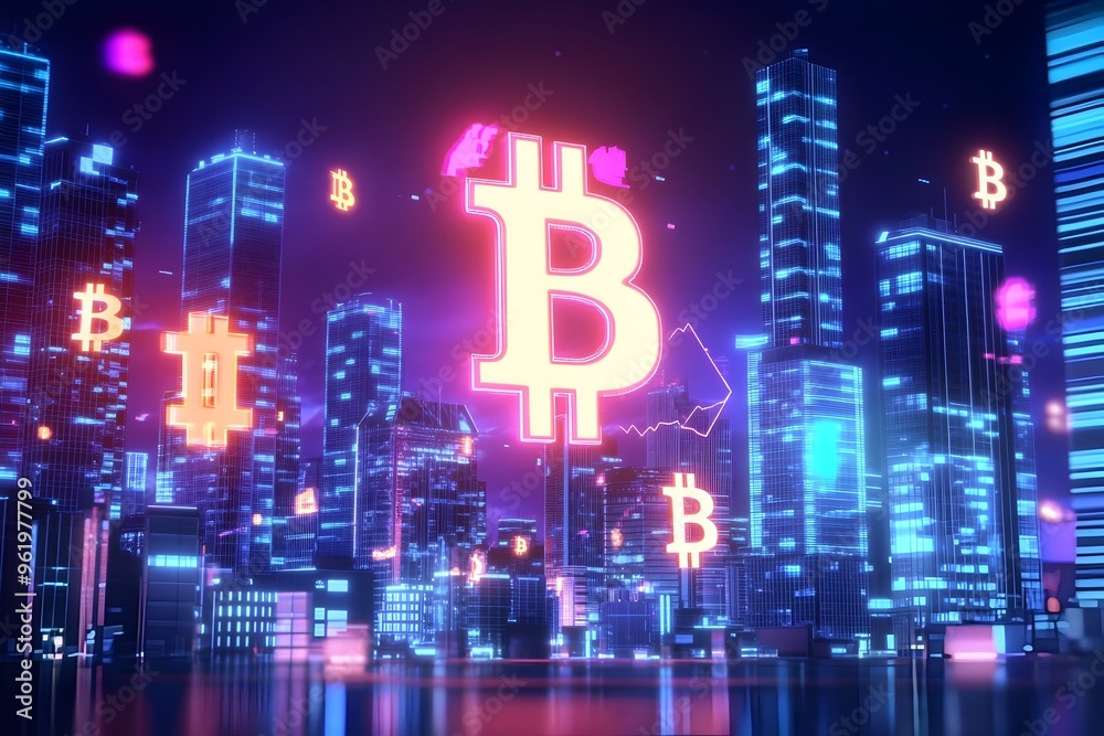 Naklejka premium Neon Crypto Cityscape:Vibrant 8-Bit Pixel Art Showcasing Cryptocurrency Trading,Digital Assets,and Futuristic Financial Innovation. Nostalgic and High-Tech Mood.