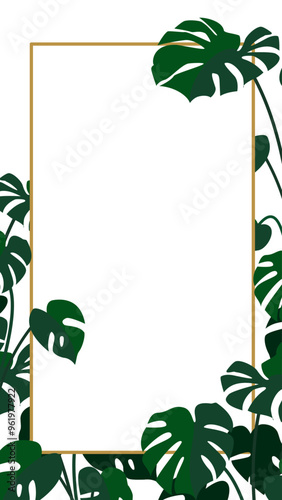 The image showcases a rectangular golden frame decorated with green Monstera leaves on the edges. The design is minimal, emphasizing the white space in the center, ideal for invitations or announcemen photo