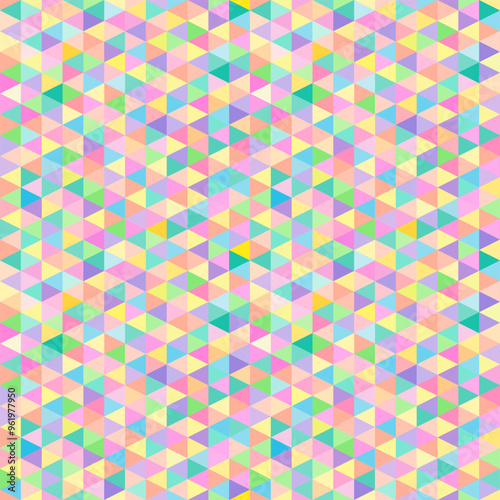 A seamless geometric pattern featuring multicolored pastel triangles arranged in a tessellated layout. The design creates an optical illusion of depth and motion through subtle color variations.