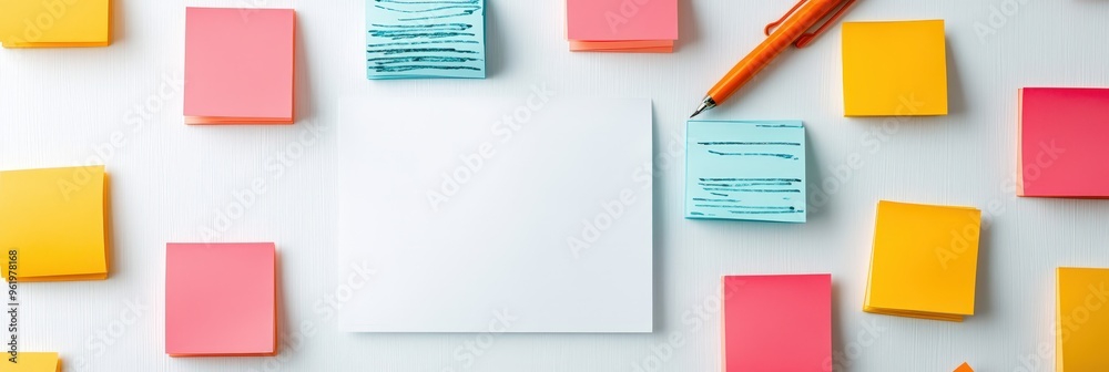 Blank White Paper Note on White Wooden Table with Yellow and Pink Sticky Notes and Orange Pen. Blank White Paper Note on White Wooden Table with Yellow and Pink Sticky Notes and Orange Pen.