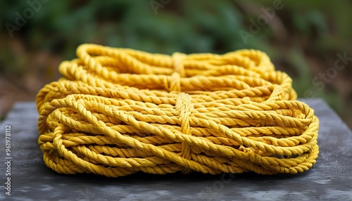 Coiled yellow parachute with neatly arranged rope in a scenic outdoor setting photo