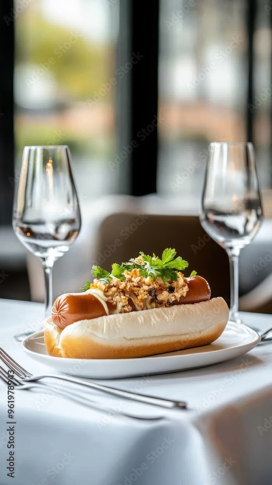Gourmet hot dog with sophisticated drink menu, refined table, elegant cutlery and glassware.