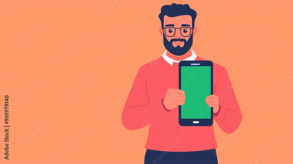 A cheerful man holding a smartphone, showcasing a blank screen, perfect for technology and communication concepts. A cheerful man holding a smartphone, showcasing a blank screen, perfect for technology and communication concepts.