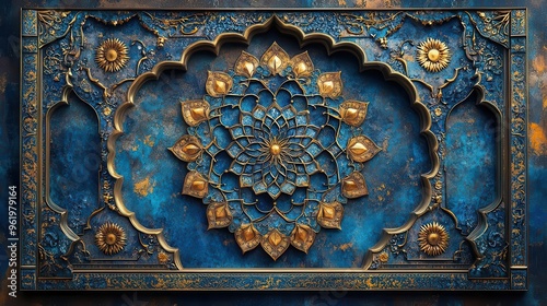 intricate islamic calligraphy frame ornate geometric patterns rich gold and blue tones traditional arabesque design