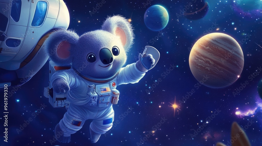 A cartoon koala astronaut floating in space, holding onto a spaceship with stars and planets in the background. A cartoon koala astronaut floating in space, holding onto a spaceship with stars and planets in the background.
