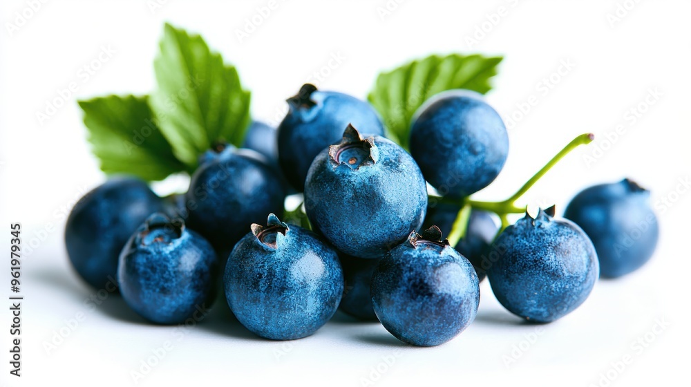 Fototapeta premium Fresh blueberries with vibrant color and green leaves, perfect for healthy recipes and natural food photography.