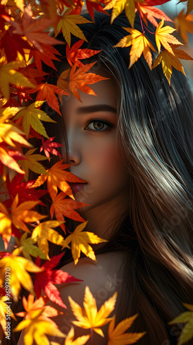 A portrait of a woman with flowing hair amidst autumn leaves, capturing the beauty of the season