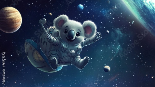 A cartoon koala astronaut floating in space, holding onto a spaceship with stars and planets in the background. photo