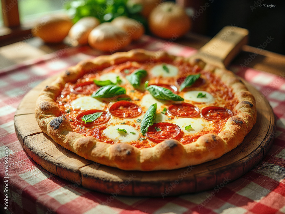 A food photography of delicious pepperoni pizza, photo in a cosy home kitchen A food photography of delicious pepperoni pizza, photo in a cosy home kitchen