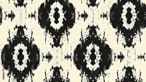 : Vector illustration of the black and white colored ikat ornamental seamless pattern.