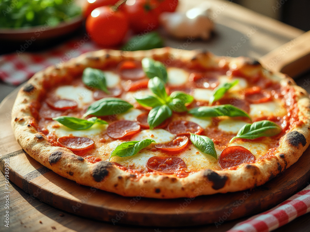 A food photography of delicious pepperoni pizza, photo in a cosy home kitchen A food photography of delicious pepperoni pizza, photo in a cosy home kitchen