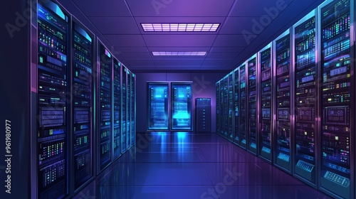 Futuristic Server Room with Blue and Purple Lights