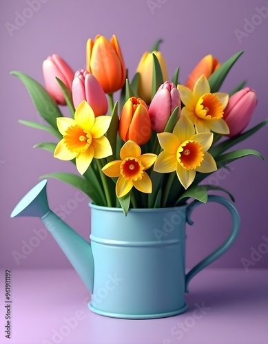 Wallpaper Mural A watering can filled with a bouquet of colorful flowers including yellow daffodils, orange and pink tulips, and green leaves   Torontodigital.ca
