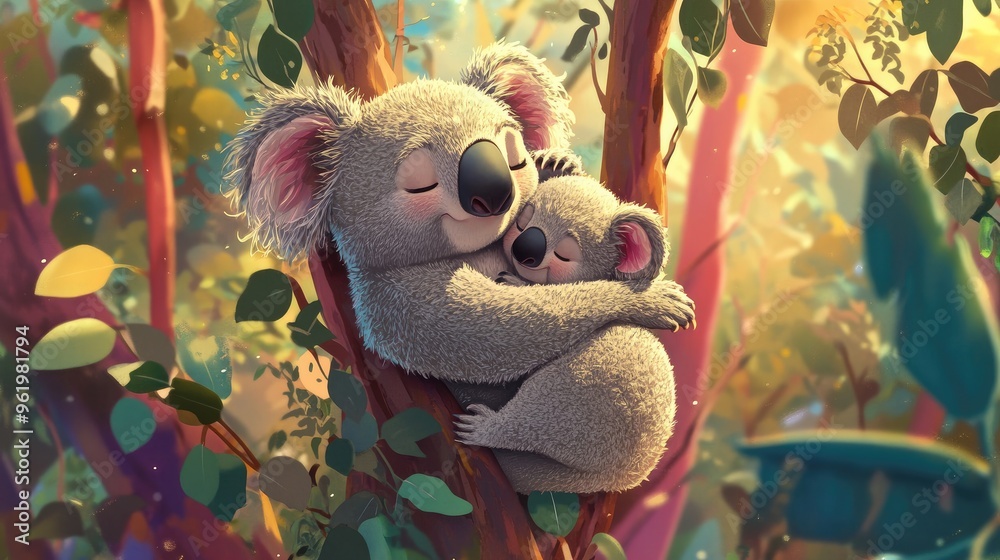A cartoon koala family, with a parent and baby koala cuddling on a eucalyptus tree in a colorful forest.