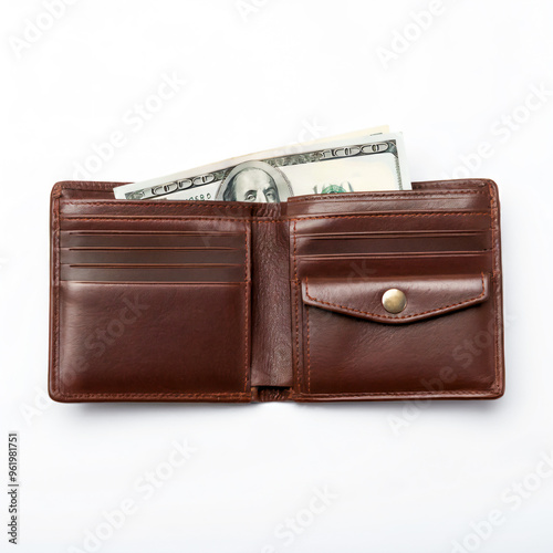 Men's brown wallet cash inside isolated in white background