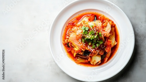 Vibrant Kimchi Plated Artfully on a White Dish to Highlight its Texture and Ingredients for Food Photography