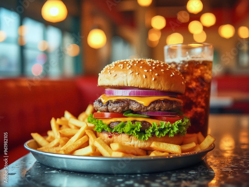 A food photography of delicious burger and French fries with a side of coke cola,  photo in a cosy American style diner