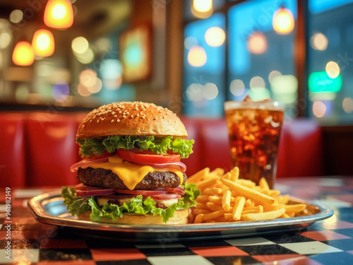 A food photography of delicious burger and French fries with a side of coke cola,  photo in a cosy American style diner