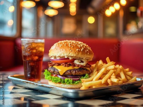 A food photography of delicious burger and French fries with a side of coke cola,  photo in a cosy American style diner
