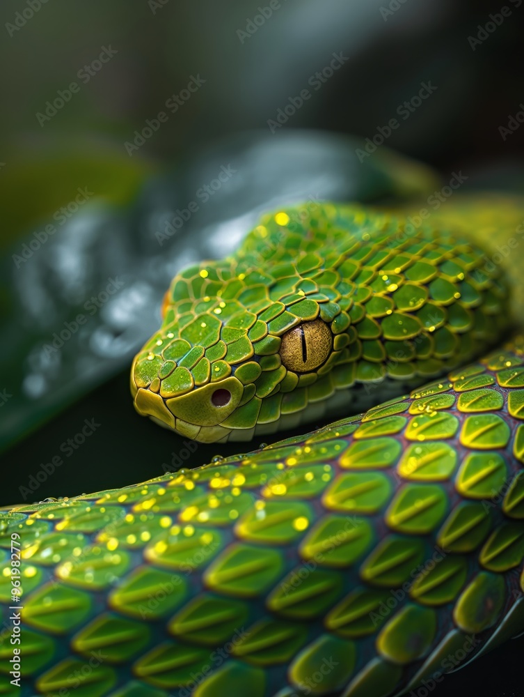 Fototapeta premium Close-up of a venomous snake in its habitat, the Sri Lankan green pit viper