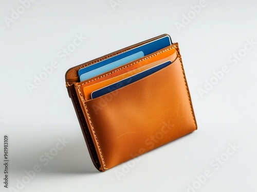 A Tan Leather Card Holder with Credit Cards on a Plain White Background photo