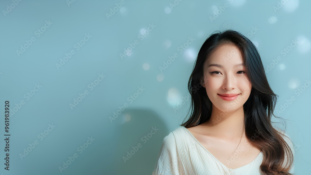 Portrait of beautiful oriental woman on light background. Korean girl, looking at camera, close-up. Model girl posing in front of camera. Portrait of beautiful oriental woman on light background. Korean girl, looking at camera, close-up. Model girl posing in front of camera.
